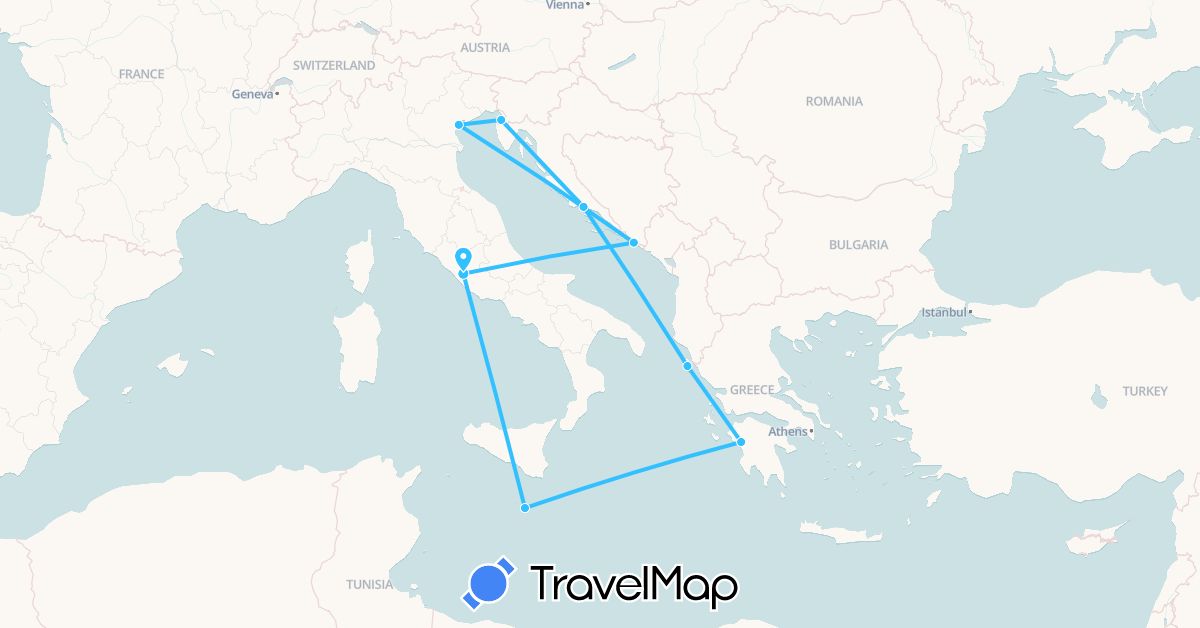 TravelMap itinerary: driving, boat in Greece, Croatia, Italy, Malta, Slovenia (Europe)